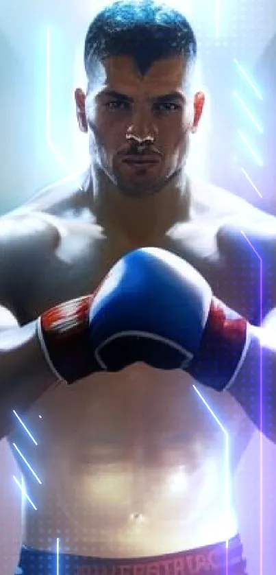 Boxer in dynamic pose with blue gloves, showcasing strength and focus.