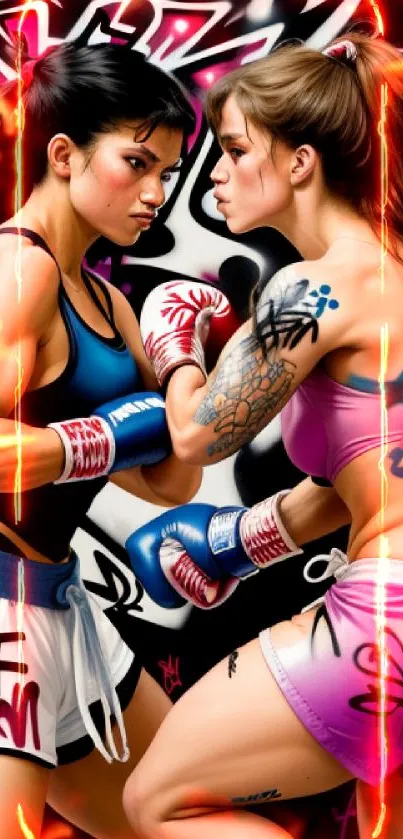 Two women boxing with graffiti background, vibrant art.