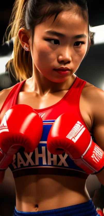 Female boxer in red gloves intensely focused.