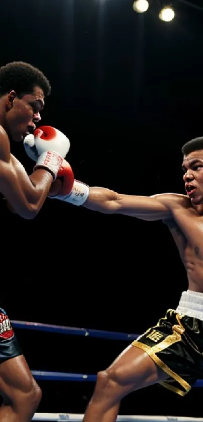 Two boxers in action during a match, displaying skill and power in the ring.