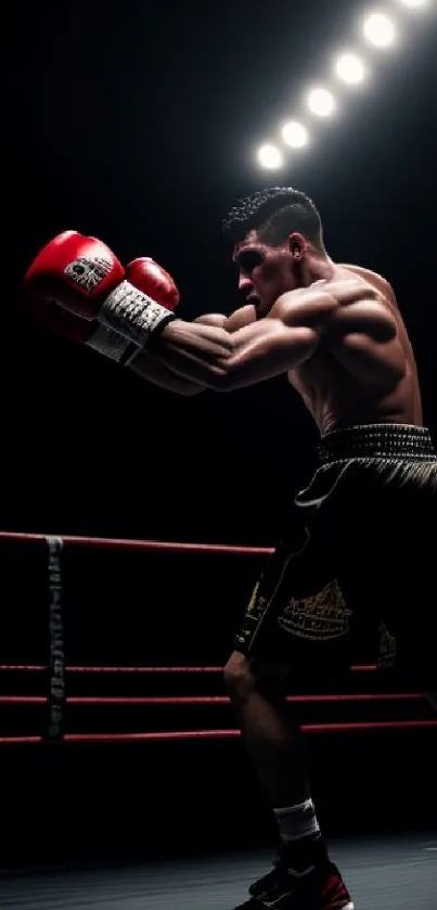 A boxer in action under dramatic lighting in a boxing ring.