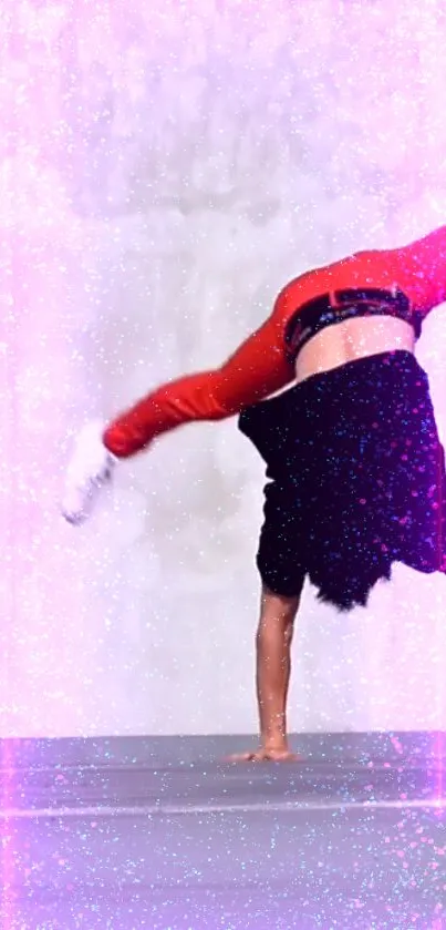 Energetic breakdance with vivid red pants and sparkling purple background.