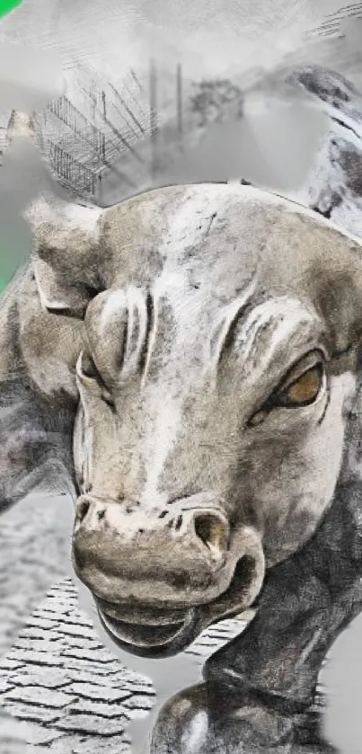 Artistic bull sculpture with grayscale tones on a mobile wallpaper.