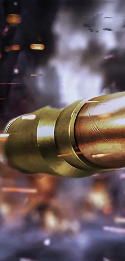 Dynamic bullet through intense explosion with vibrant sparks.