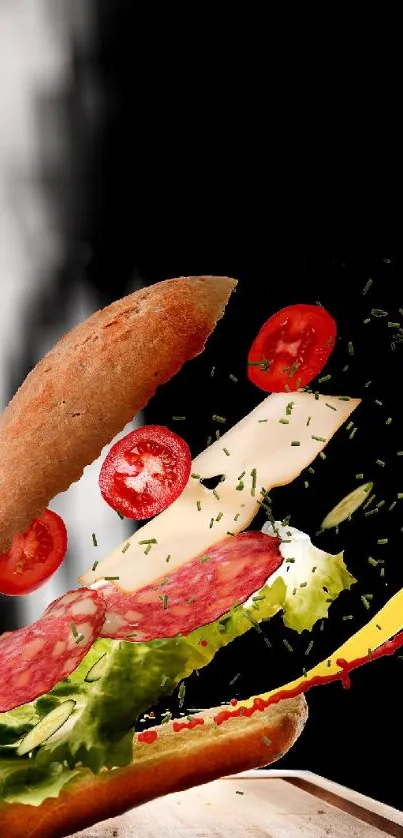 Dynamic wallpaper of flying burger ingredients on black background.