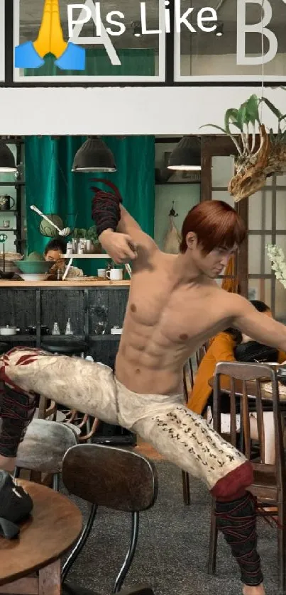 Martial artist displays a kick in a cozy café setting with bystanders.