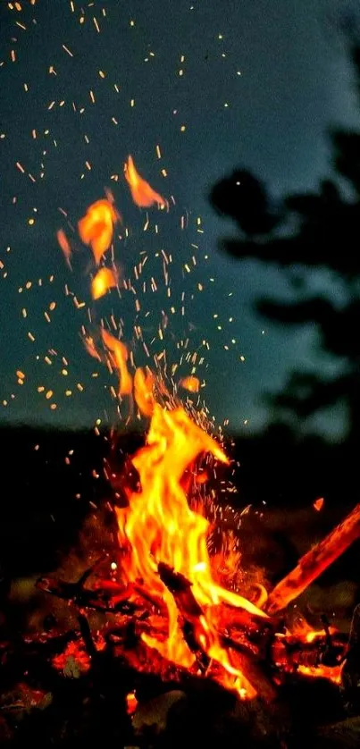 Dynamic campfire with glowing flames against a dark forest background.