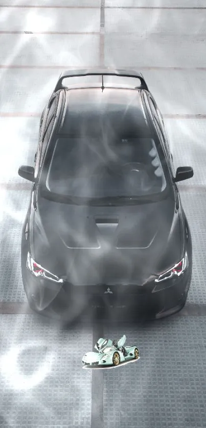 Dynamic black car with smoke and motorbike art on a gray background.