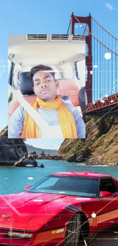 Red sports car with Golden Gate Bridge backdrop.