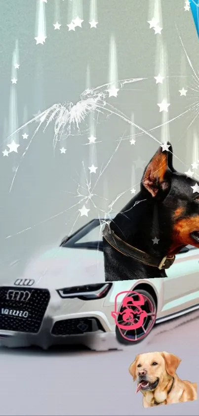 Wallpaper with car, dogs, and stars in a modern art style.