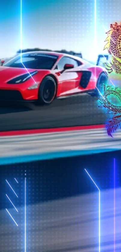 High-speed red sports car with artistic dragon in a futuristic neon setting.