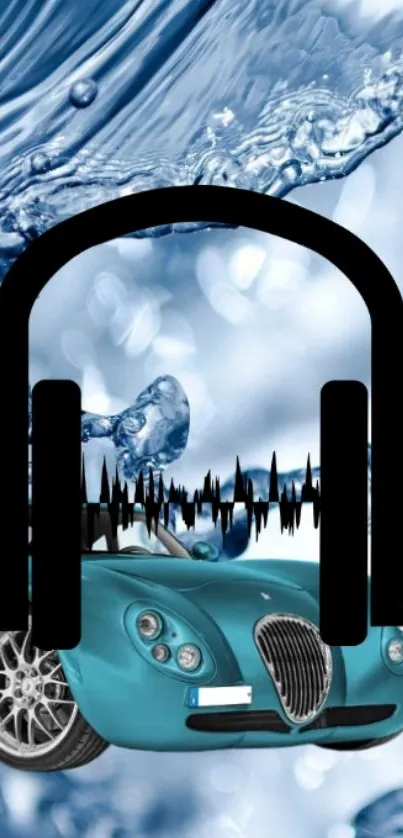 Dynamic wallpaper with car and headphones on water background.