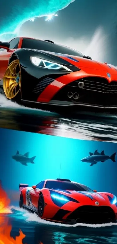 Vibrant sports car on a fiery ocean backdrop with sharks and dynamic blue hues.