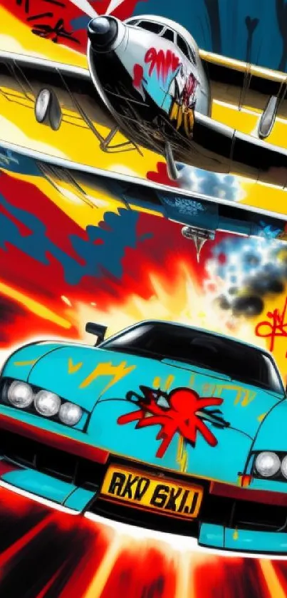 Dynamic comic-style art wallpaper with a car and plane.
