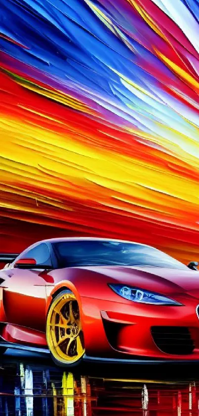 Red sports car with vibrant streaks wallpaper.