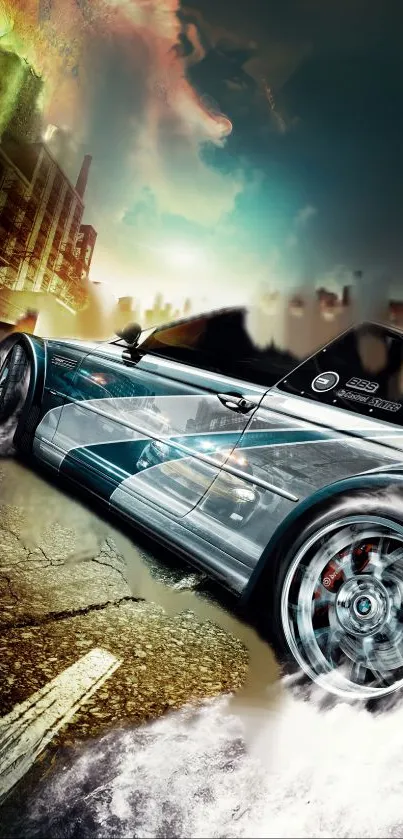 Dynamic car drifts in urban cityscape wallpaper.