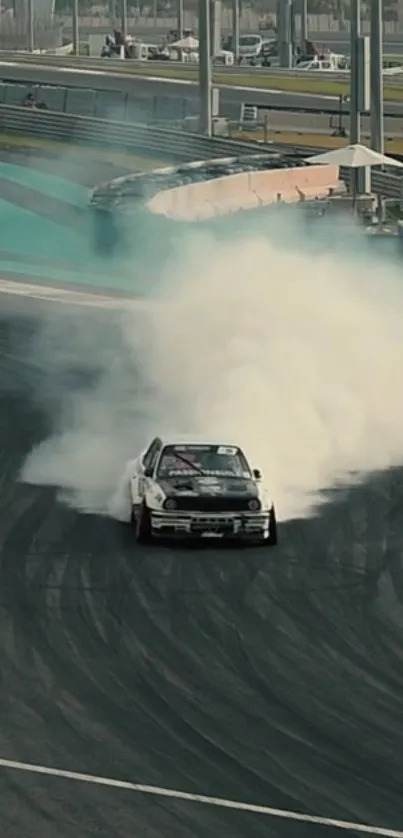 Car drifting on track with smoke plume, high speed action scene.