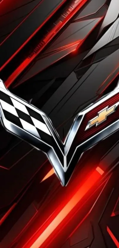 Dynamic car emblem with red and black sleek design.
