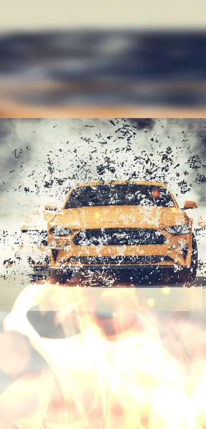 Dynamic yellow car exploding through smoke with fiery effects.