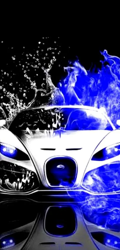 Futuristic sports car with blue flames and water effects.