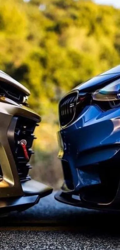 Close-up of two sports cars facing off with a vibrant forest backdrop.