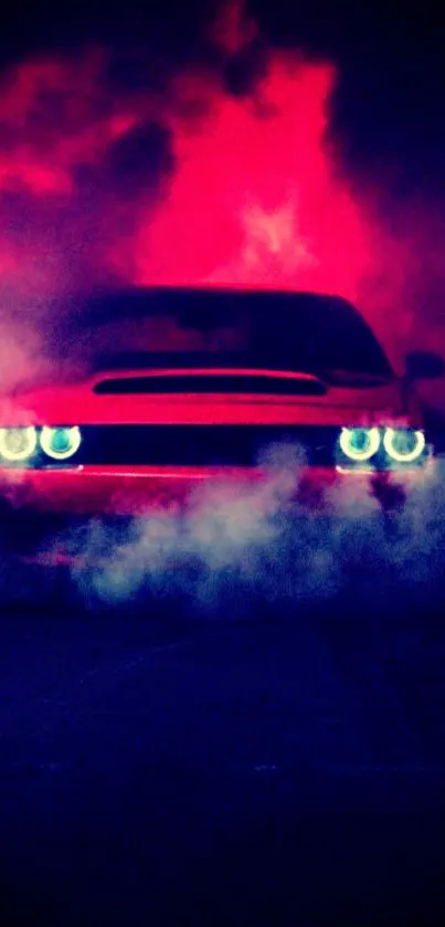 Sporty car emerges through red smoke with bright headlights.