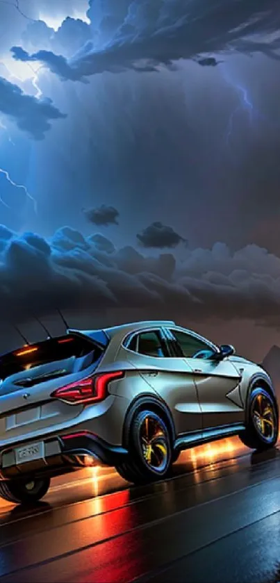 Dramatic car driving through a lightning storm at night.