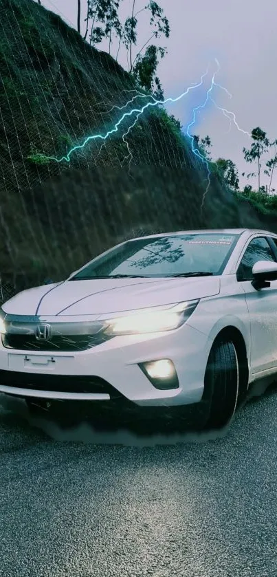 White car on scenic road with lightning in the background.