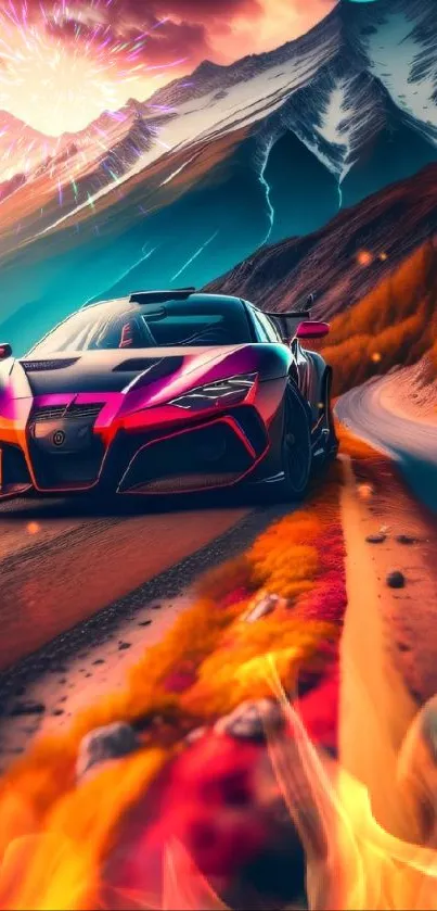 Sleek car driving through colorful mountain landscape wallpaper.