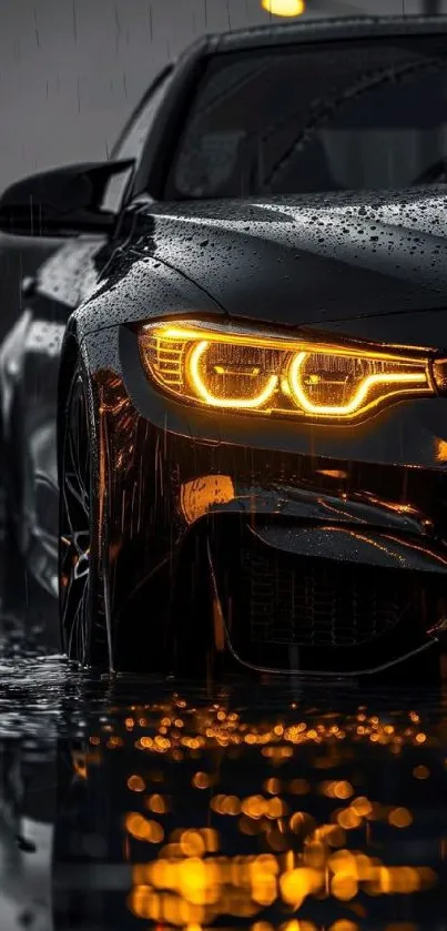 Car with glowing headlights in the rain.