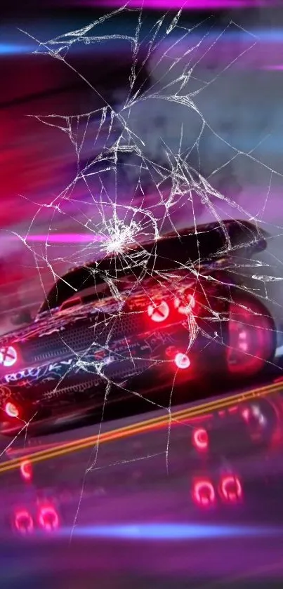 Vibrant car racing wallpaper with neon lights and cracked glass effect.