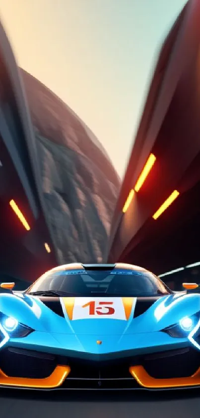 Futuristic race car in vibrant blue and orange on a dynamic track.