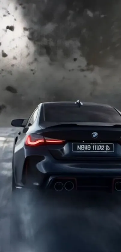 Sleek car racing in stormy setting wallpaper