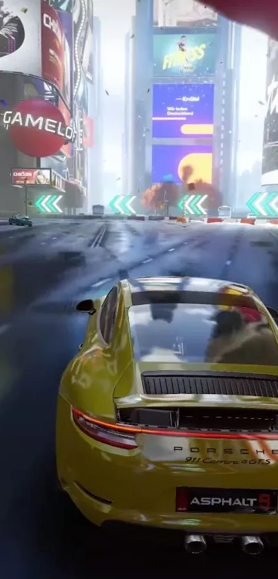 Yellow sports car racing through neon city at night.