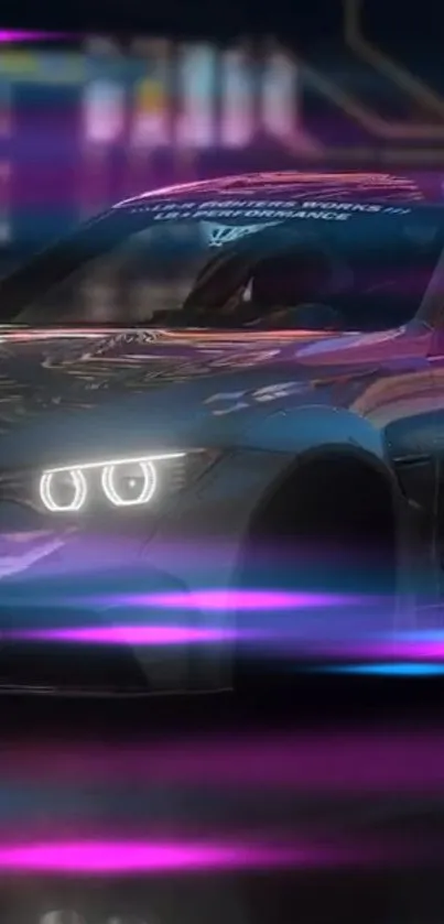 Sleek sports car with neon lights racing through an urban night scene.