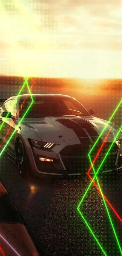 Dynamic car racing scene with neon lights and sunset backdrop.