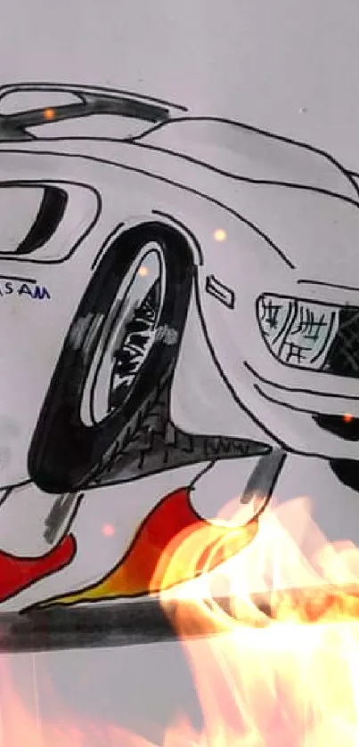 Sketch of a car with flames and smoke illustration.