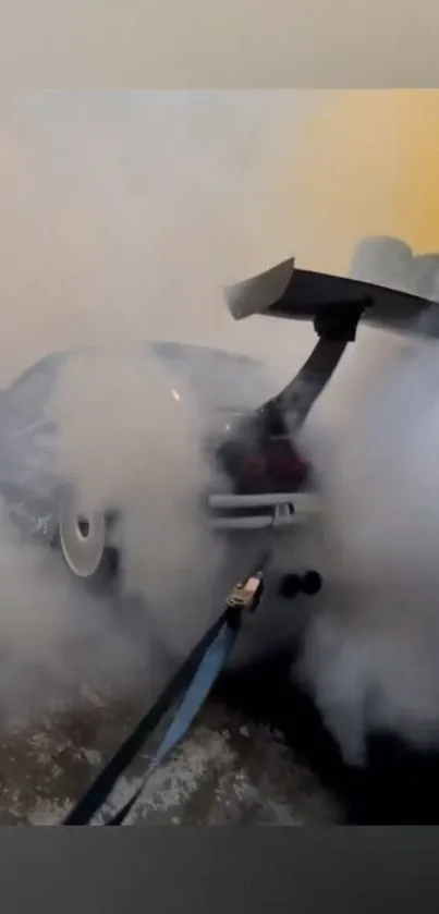 Car engulfed in thick smoke during a burnout.