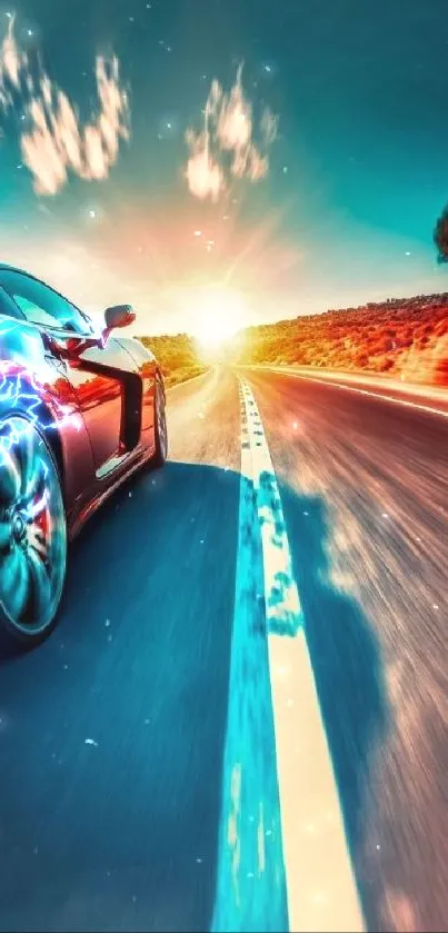 Sleek sports car speeding down a sunlit road at sunset, showcasing dynamic motion.