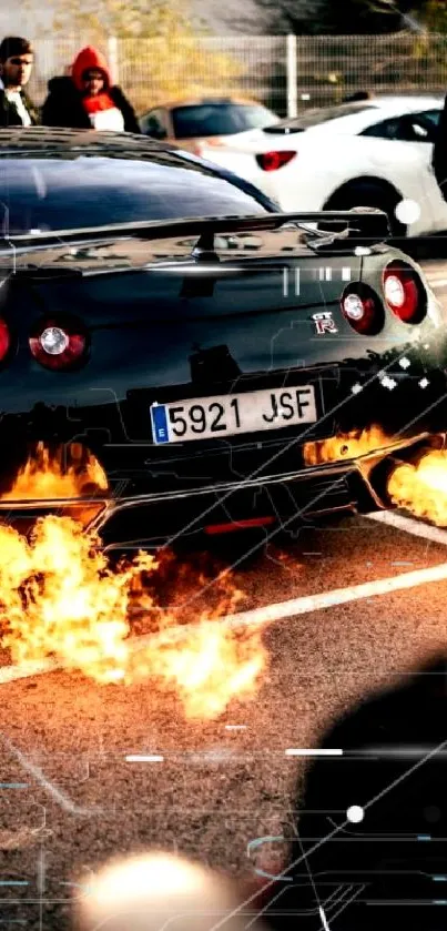 Car wallpaper with vibrant flames from the exhaust, set in a dynamic street scene.