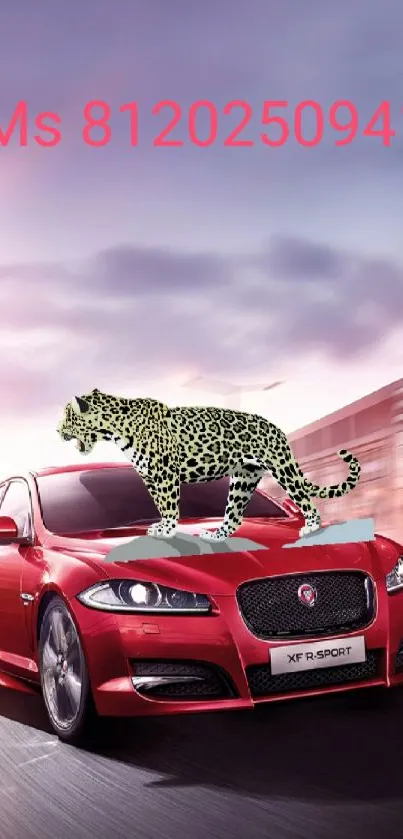 Red sports car with leopard overlay on twilight road