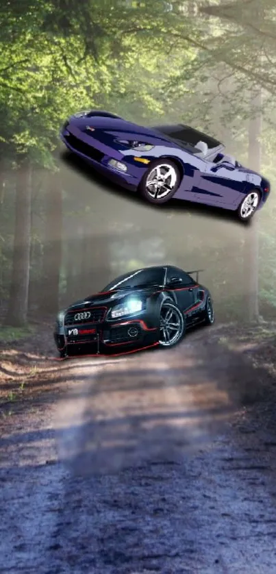 Sleek cars racing through a lush forest setting, blending speed and nature.