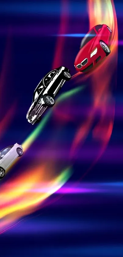 Dynamic cars racing on a vibrant swirl background wallpaper.