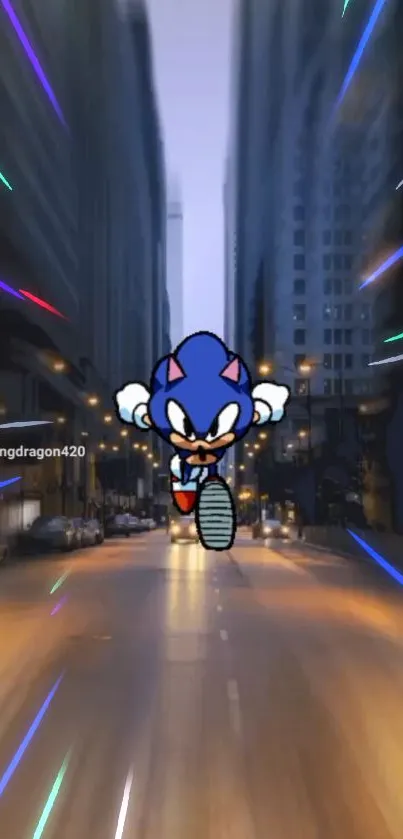 Animated character runs in a colorful cityscape background.