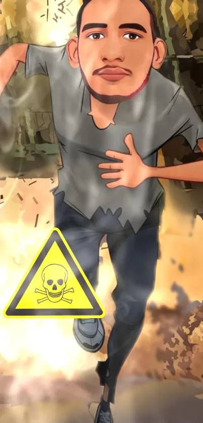 Cartoon man running from hazard sign in dynamic scene.