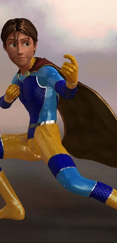 Cartoon superhero in blue and yellow suit striking a pose against a cloudy backdrop.