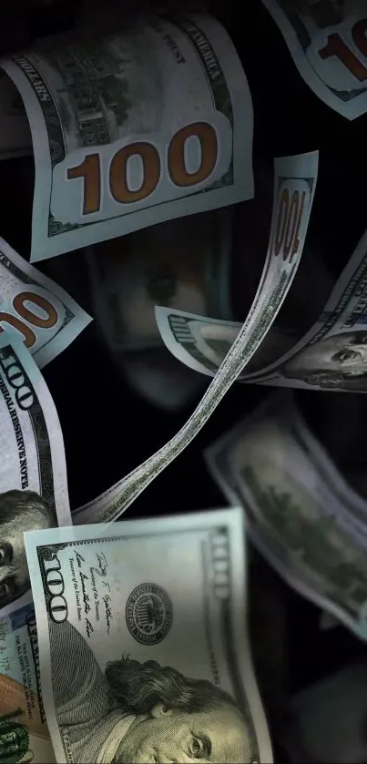 Flowing hundred-dollar bills on a black background, creating a stylish visual effect.