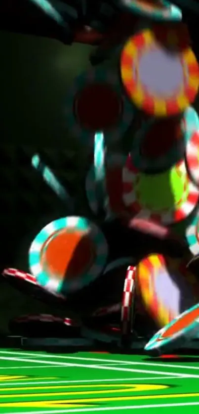 Dynamic poker chips cascade on a vibrant green table.