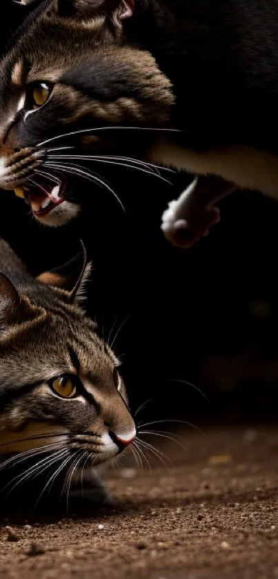 Two cats in dynamic action against a dark earthy background.