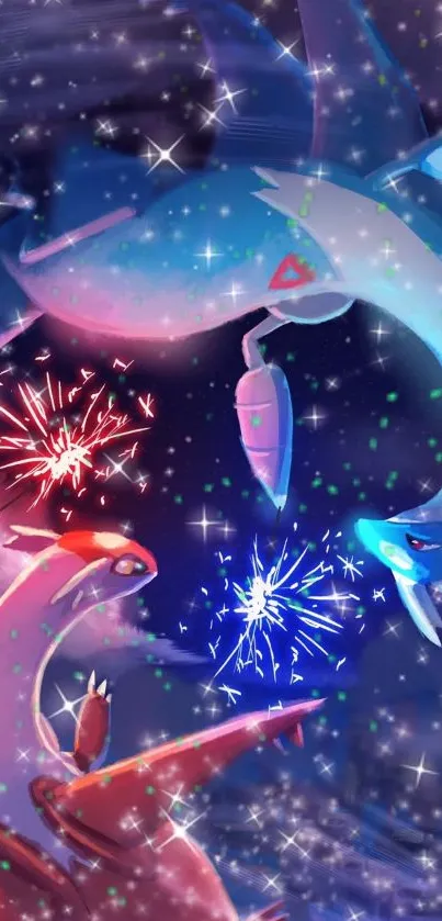 Celestial creatures amidst cosmic fireworks in a colorful phone wallpaper.